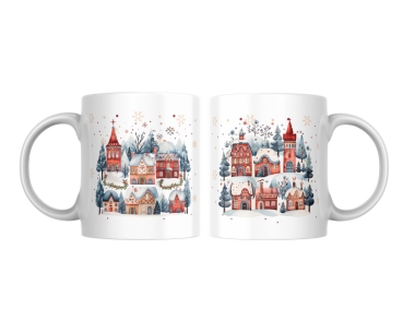 Weiße Keramiktassen mit beidseitigem Winterdorf-Motiv, das verschneite Häuser, Bäume und eine Kirche zeigt, nebeneinander dargestellt auf neutralem weißen Hintergrund, um das Design aus beiden Perspektiven zu präsentieren.